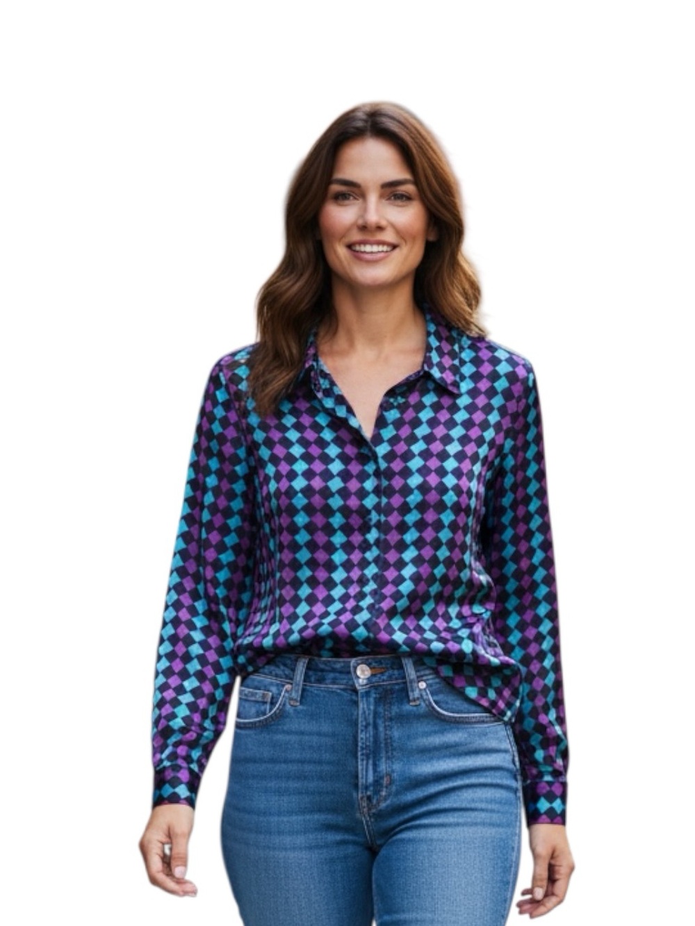 City Silk Vintage Blue & Purple Geometric Button-Up Blouse Size M